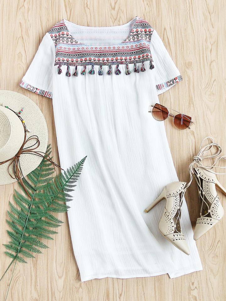 Shein Tassel Trim Embroidered Jacquard Yoke Crinkle Dress