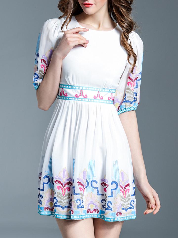 Shein White Embroidered Pleated A-line Dress