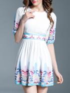 Shein White Embroidered Pleated A-line Dress