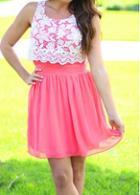 Rosewe Chiffon Sleeveless Lace Patchwork Pink Dress