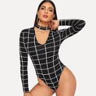 Shein Choker Neck Form Fitted Grid Bodysuit