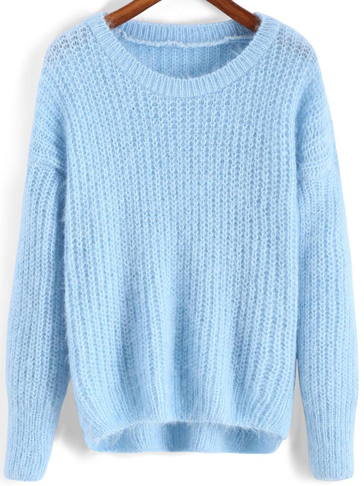 Shein Blue Round Neck Dip Hem Loose Sweater