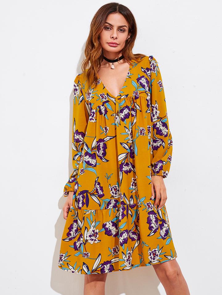 Shein All Over Florals V-neckline Tiered Peasant Dress