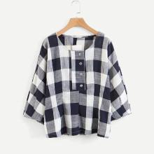 Shein Check Plaid Button Front Blouse