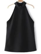 Shein Black Two Buttons Cut Out Backless Sleeveless Halter Blouse