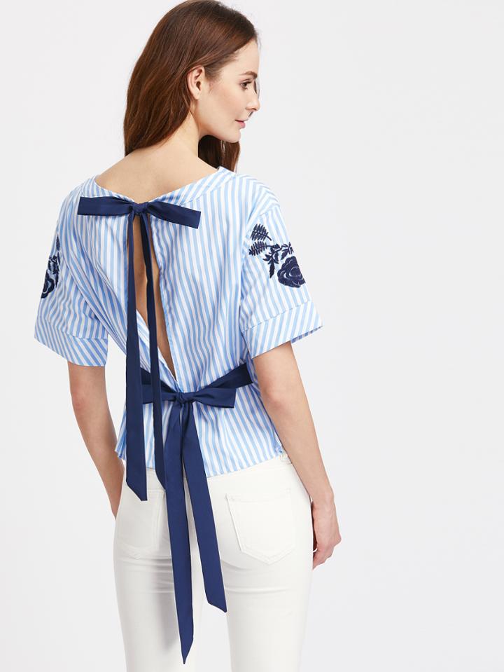 Shein Embroidery Split Back Bow Tie Detail Striped Top