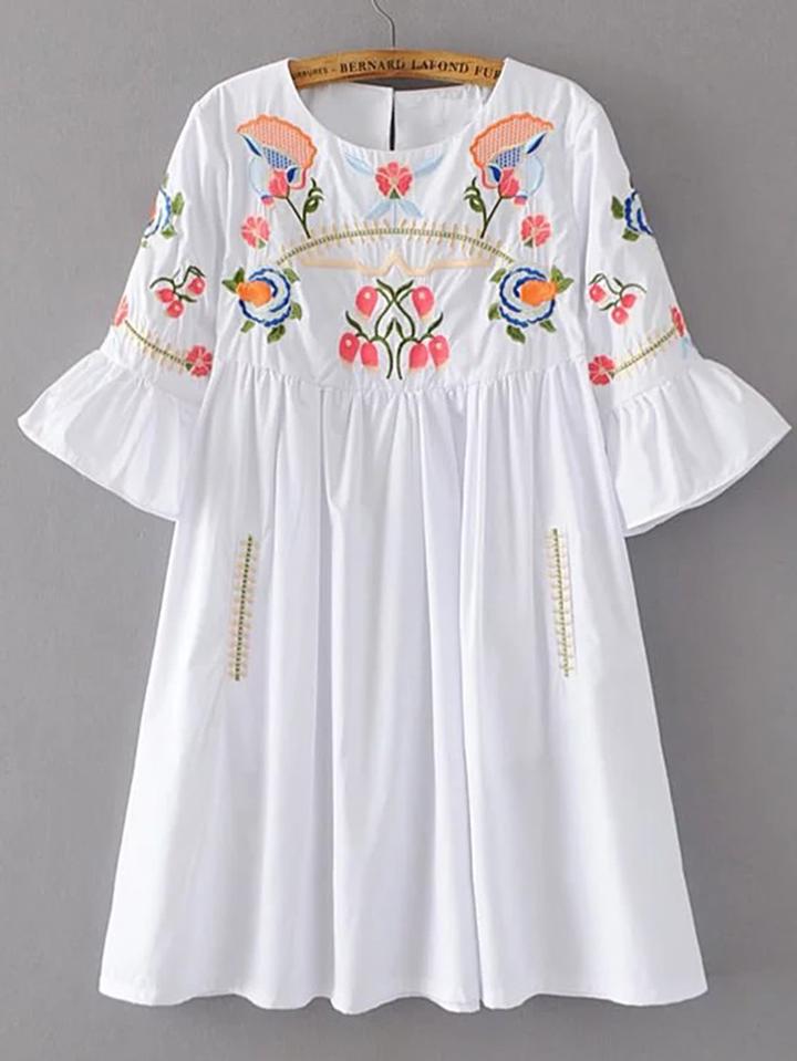 Shein Bell Sleeve Flower Embroidery Dress