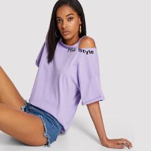 Shein Drop Shoulder Cut Out Neck Slogan Print Tee