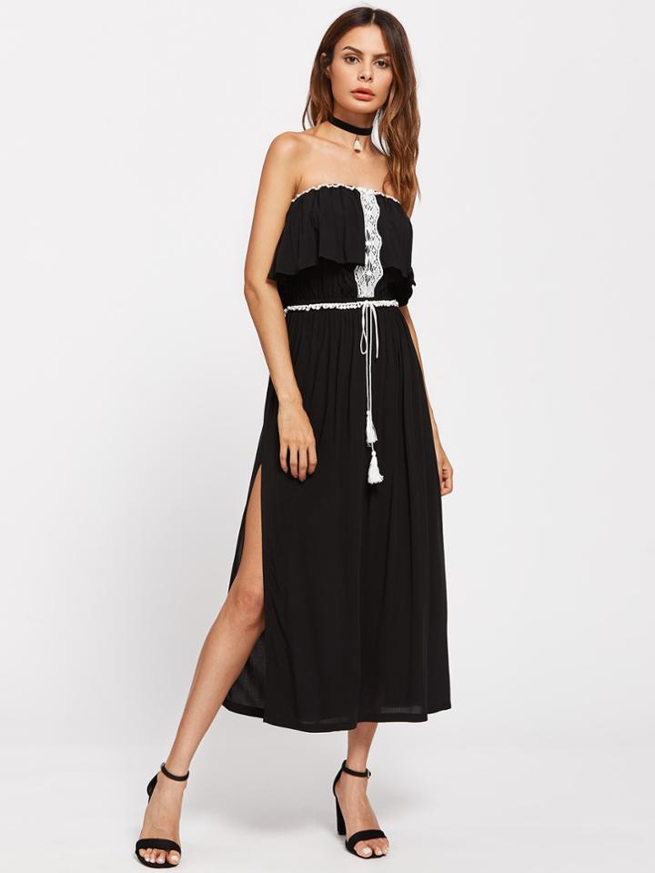 Shein Contrast Lace Trim Flounce Layered Slit Side Dress