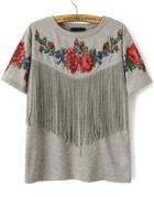Shein Grey Short Sleeve Floral Tassel T-shirt
