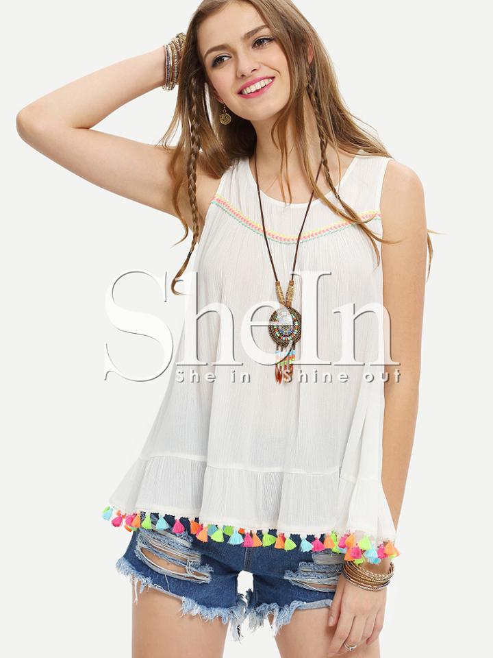 Shein Beige Embroidered Tassel Sleeveless Blouse