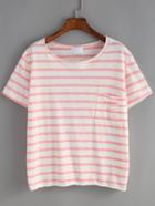 Shein Pink Crew Neck Short Sleeve Striped T-shirt
