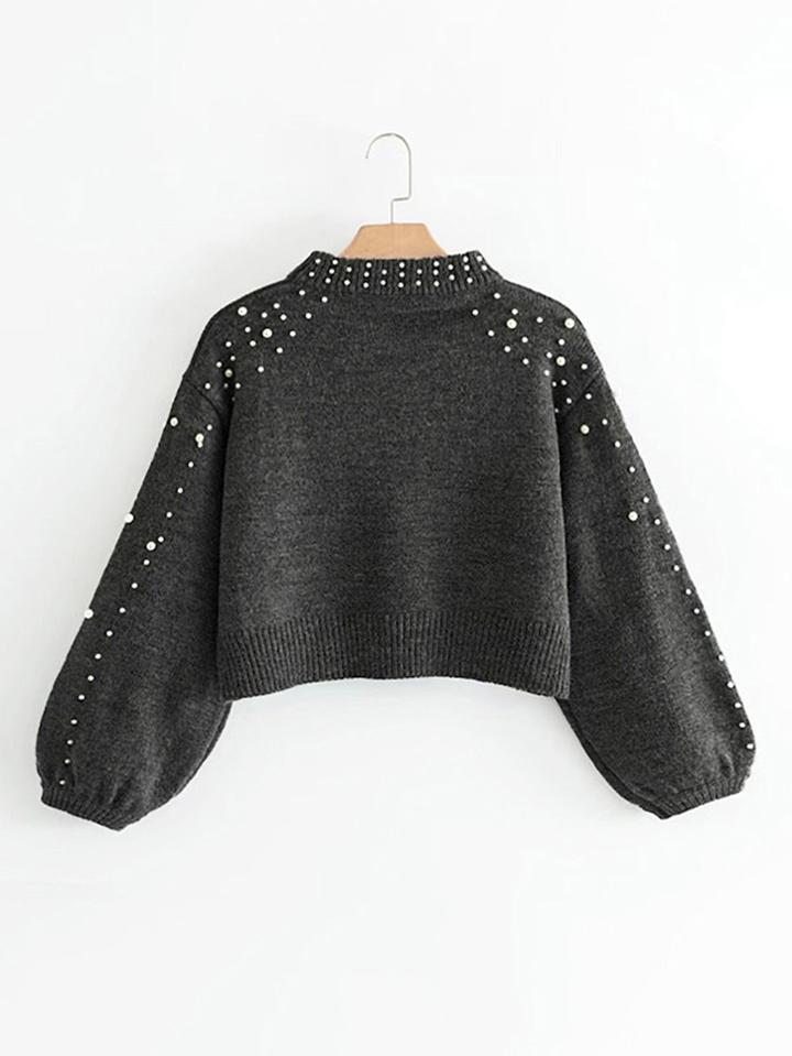 Shein Bishop Sleeve Pearl Beading Crop Sweater
