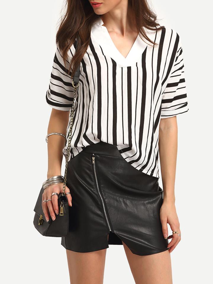 Shein Vertical Striped Contrast Neck Blouse