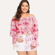 Shein Plus Bell Sleeve Flamingo Print Blouse