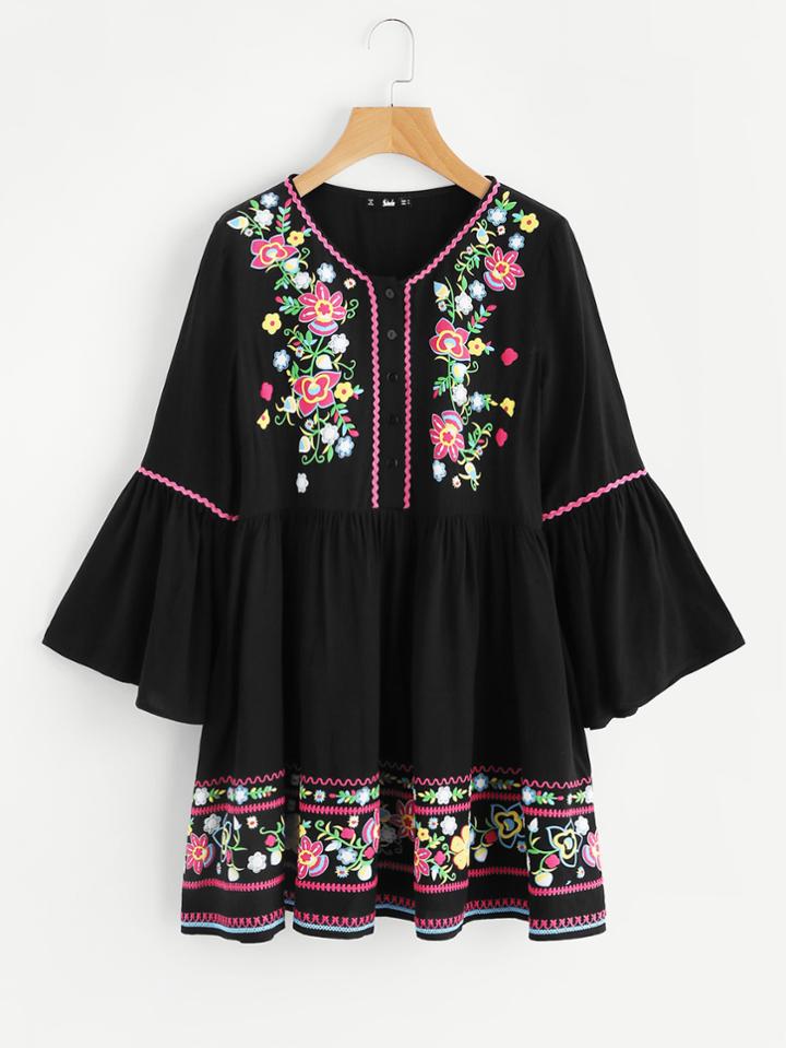 Shein Fluted Sleeve Wave Tape Detail Flower Print Dress