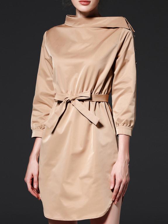 Shein Khaki Collar Tie-waist Split Shift Dress