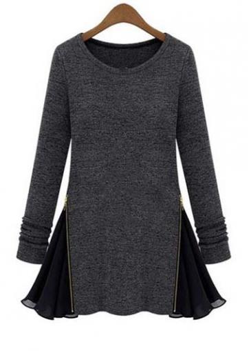Rosewe Chic Round Neck Long Sleeve Woolen Dress With Chiffon