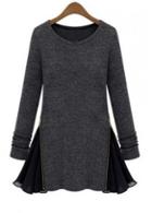 Rosewe Chic Round Neck Long Sleeve Woolen Dress With Chiffon