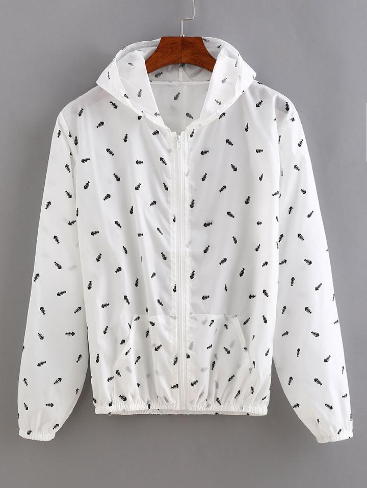 Shein Fish Bone Print Zip Front Sunscreen Hoodie
