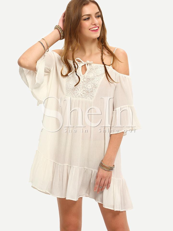 Shein White Cold Shoulder Lace Patchwork Shift Dress