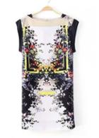 Rosewe Fine Quality Round Neck Cap Sleeve Printed Straight Dress