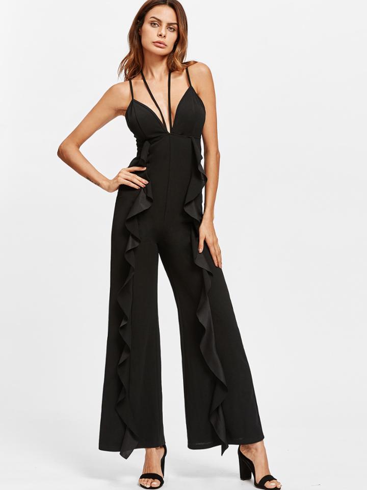 Shein Halter Plunge Neck Ruffle Trim Bustier Jumpsuit