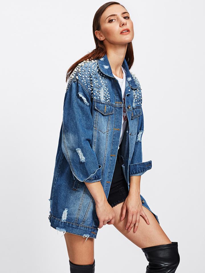 Shein Faux Pearl Frayed Bleach Wash Denim Jacket