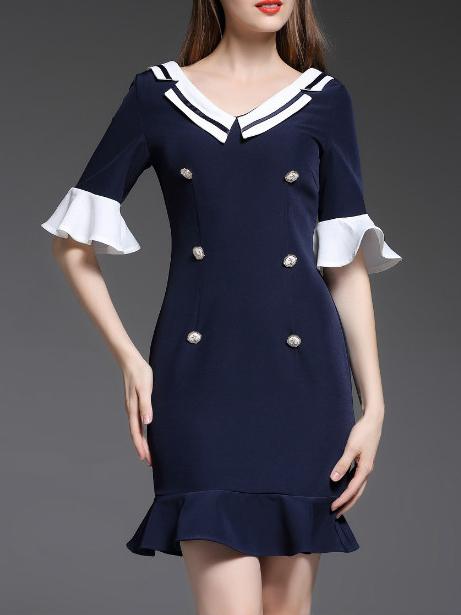 Shein Navy V Neck Backless Bell Sleeve Frill Dress