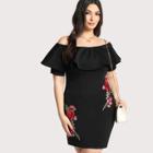 Shein Plus Embroidered Rose Patch Flounce Bardot Dress
