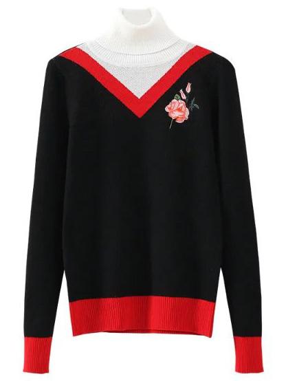 Shein Black Color Block Embroidery Turtleneck Sweater