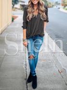 Shein Grey Wrap Front Draped Side T-shirt