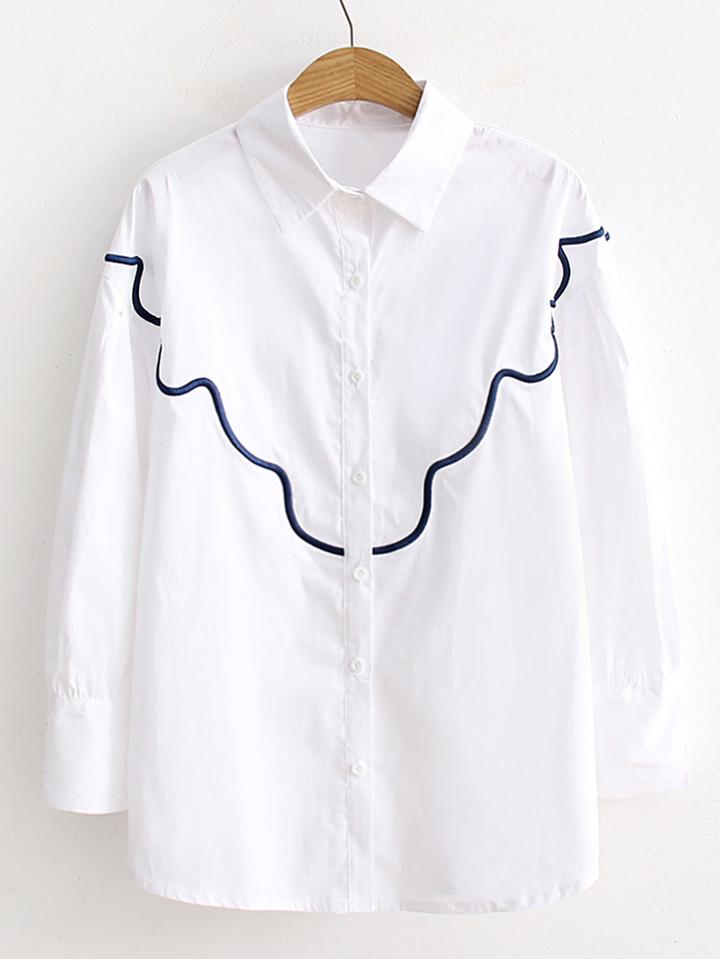 Shein Single Breasted Wave Embroidery Blouse