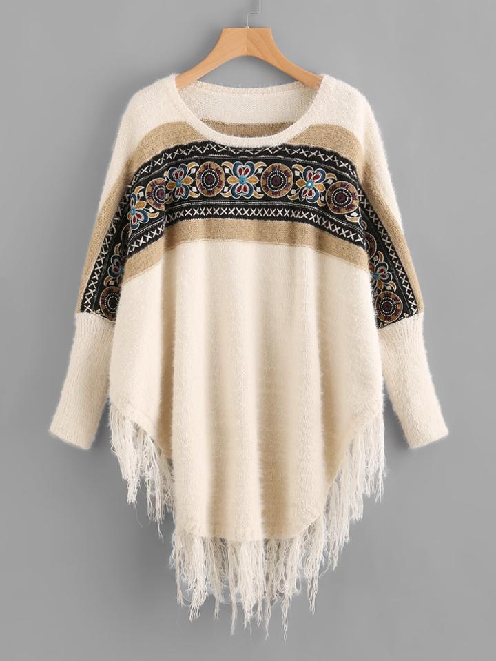 Shein Fringe Trim Curved Hem Embroidered Dolman Jumper