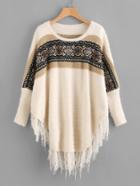 Shein Fringe Trim Curved Hem Embroidered Dolman Jumper