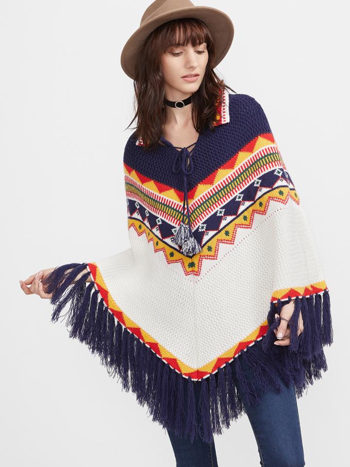Shein Geometric Pattern Tie Neck Fringe Trim Poncho Sweater