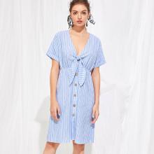 Shein Knot Front Button Up Pinstripe Dress
