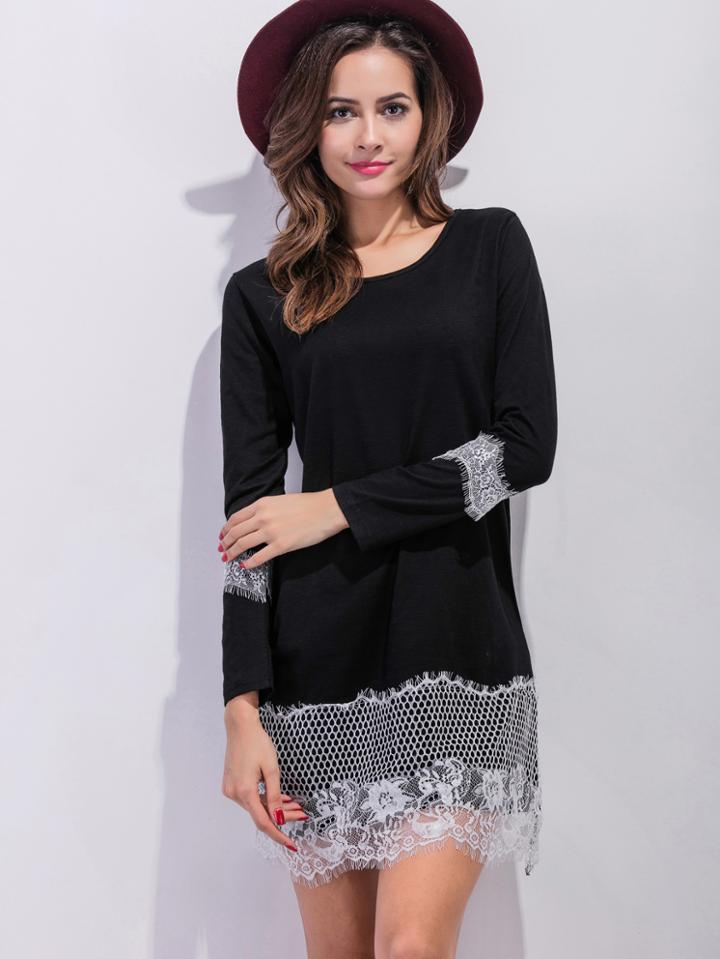 Shein Black Eyelash Lace Detail Shift Dress