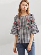 Shein Symmetric Flower Embroidered Fluted Sleeve Checkered Top