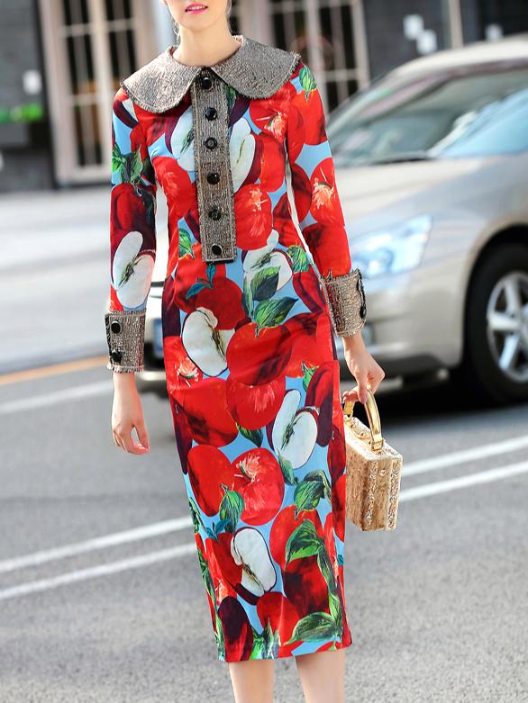 Shein Red Lapel Apple Print Sheath Dress
