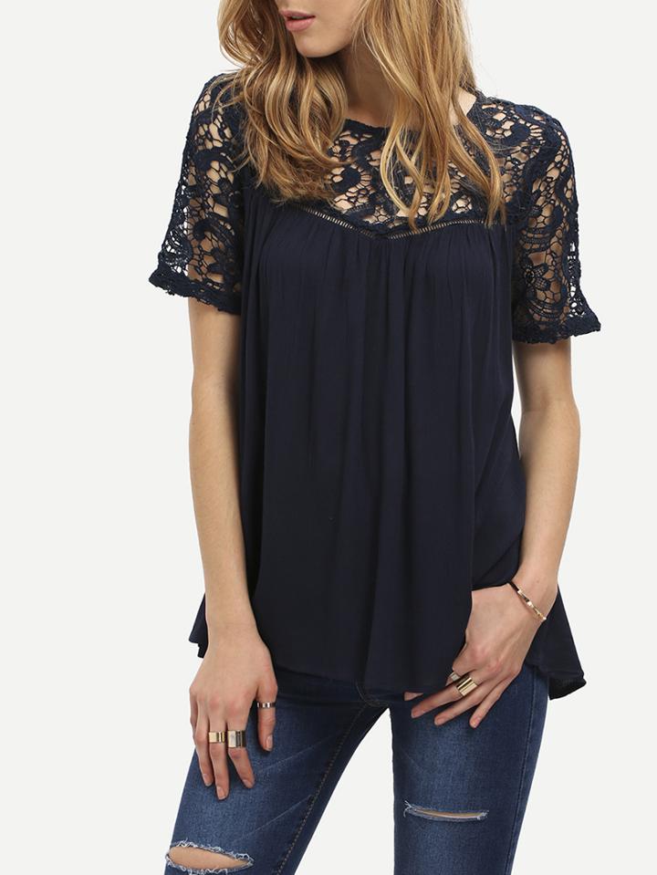 Shein Lace Panel Criss Cross Back Blouse