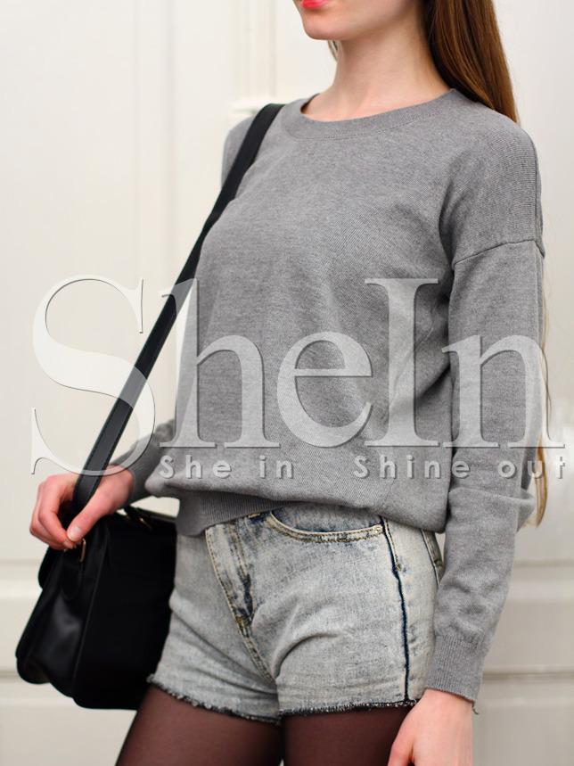 Shein Grey Crew Neck Elbow Heart Patch Sweatshirt