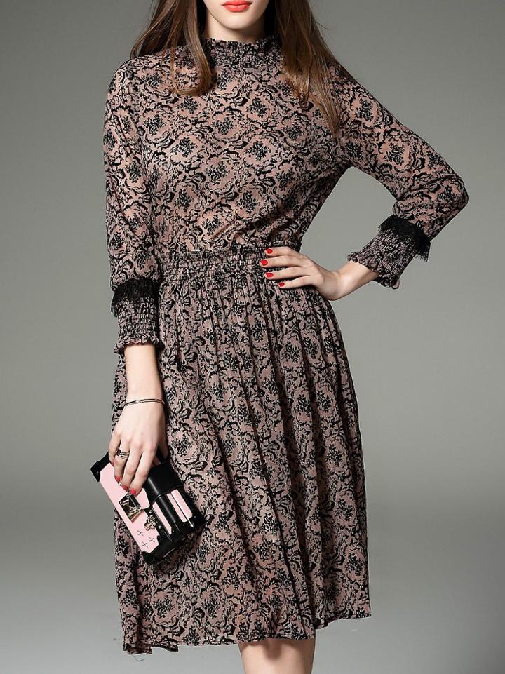Shein Apricot Pleated Vintage Print A-line Dress