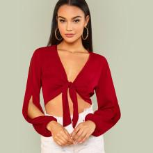 Shein Slit Sleeve Knot Plunging Top