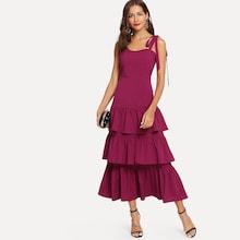 Shein Self Tie Shoulder Layered Flounce Dress