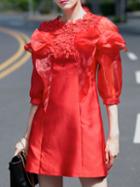 Shein Red Crochet Contrast Organza Ruffle A-line Dress