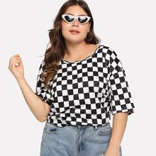 Shein Plus Grid Print Ringer Neck Tee