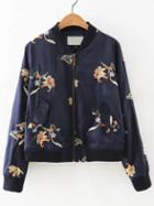 Shein Flower Embroidered Bomber Jacket With Pockets