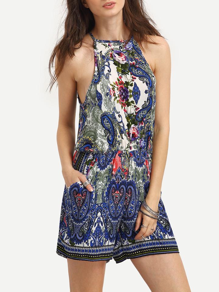Shein Halter Paisley Print Keyhole Romper