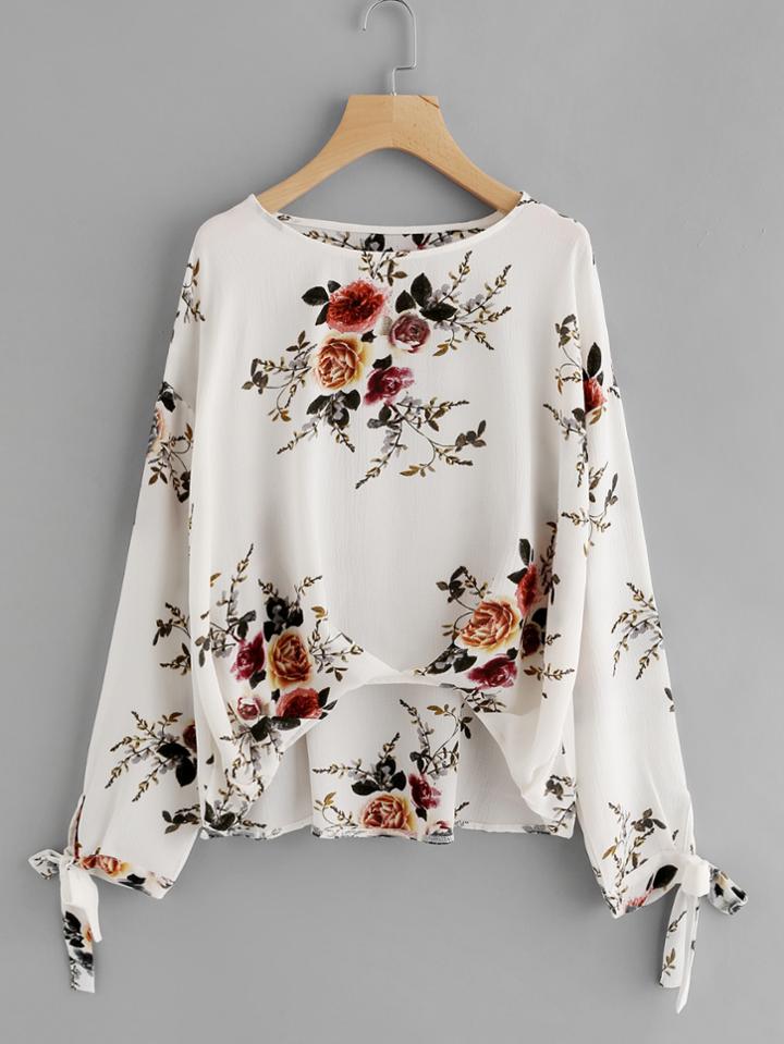 Shein Bow Tie Cuff Box Pleated Dip Hem Top